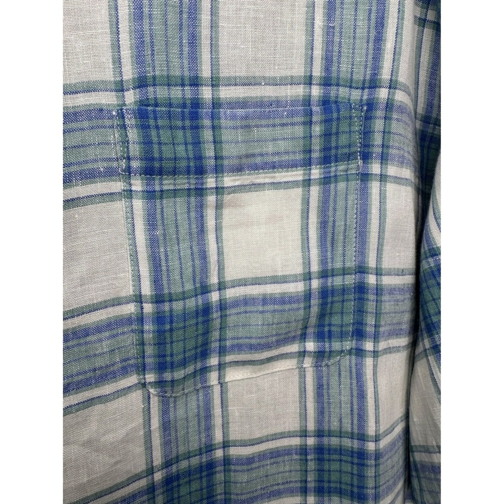 LL Bean Button Down Mens XXL Blue Green Plaid Linen Slightly Fitted Shirt Summer - Picture 6 of 7